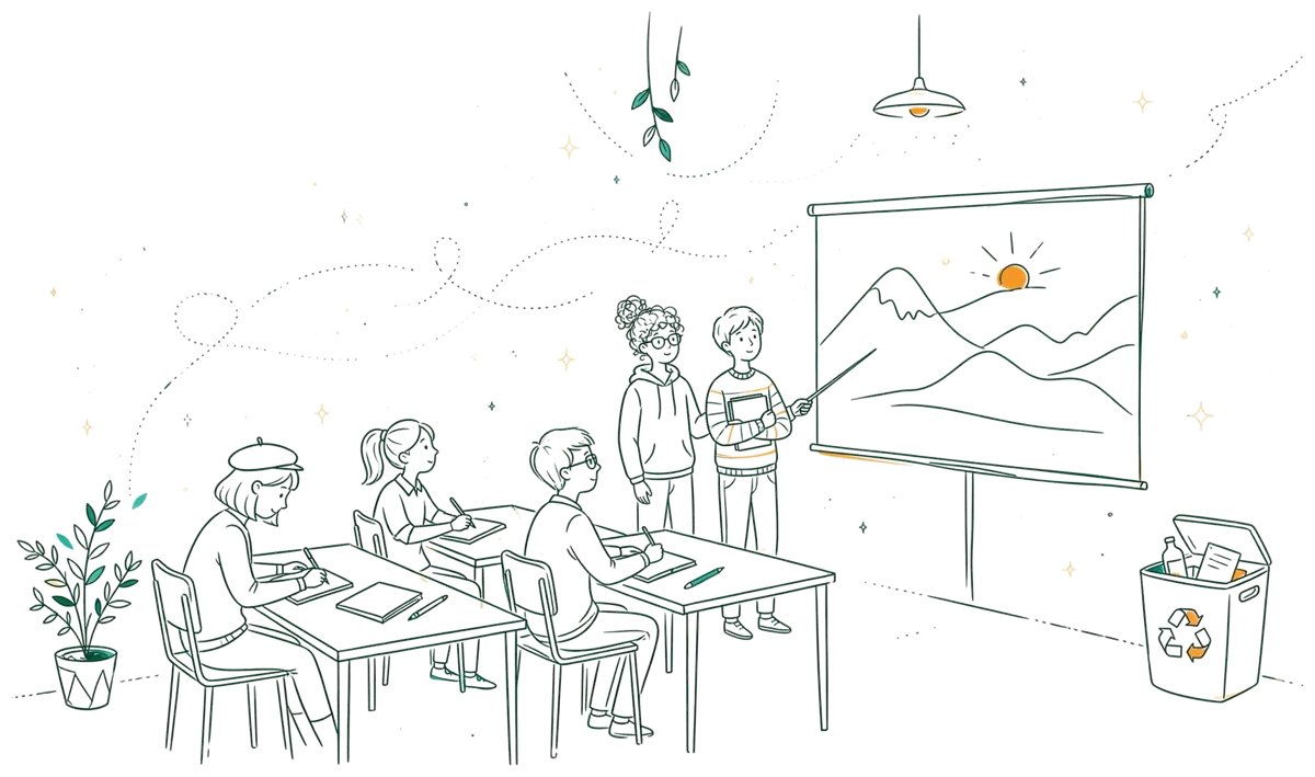 Dessin au trait : exposé d’étudiante sur l’environnement devant la classe.
