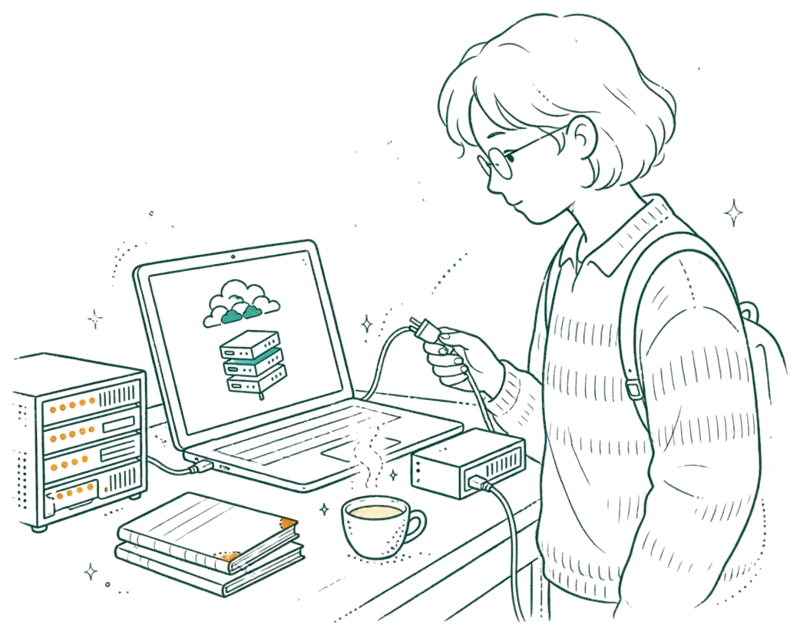 Dessin au trait : étudiant qui relie un laptop à une petite baie serveur