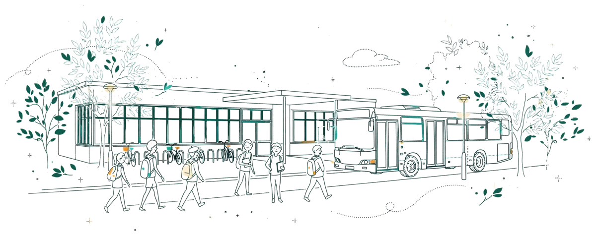 Dessin au trait : bâtiment de l’école avec bus et étudiants devant