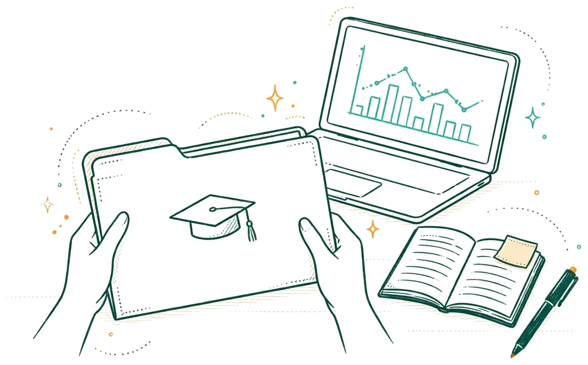 Dessin au trait : dossier de diplôme et ordinateur avec graphiques