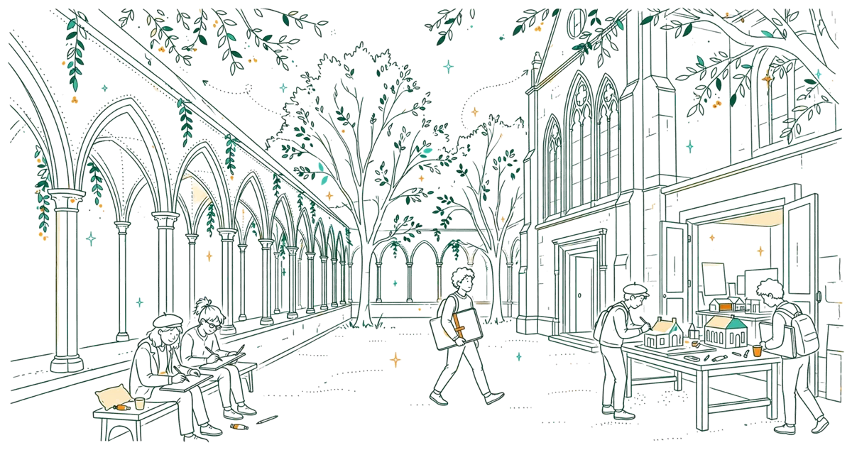 Dessin au trait : la cour et le cloître de l’école à Troyes