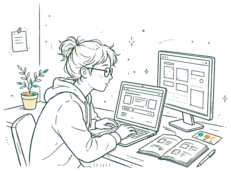 Dessin au trait : étudiant qui code une interface web