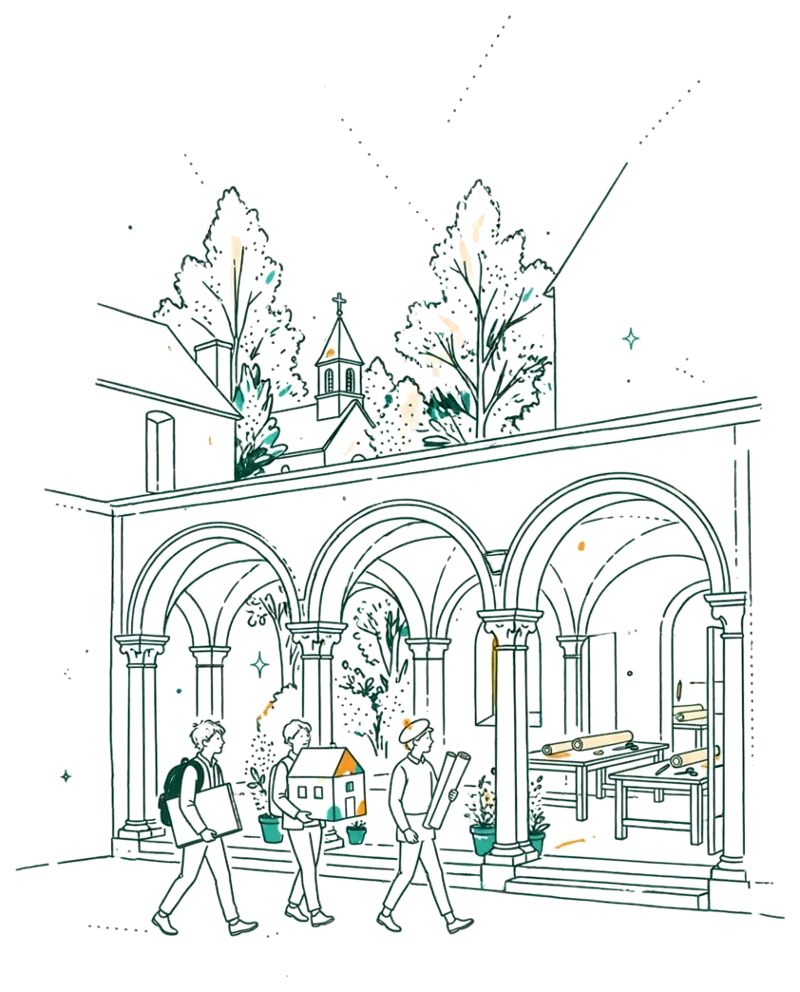 Dessin au trait : le cloître blanc de l’école à Troyes avec étudiants