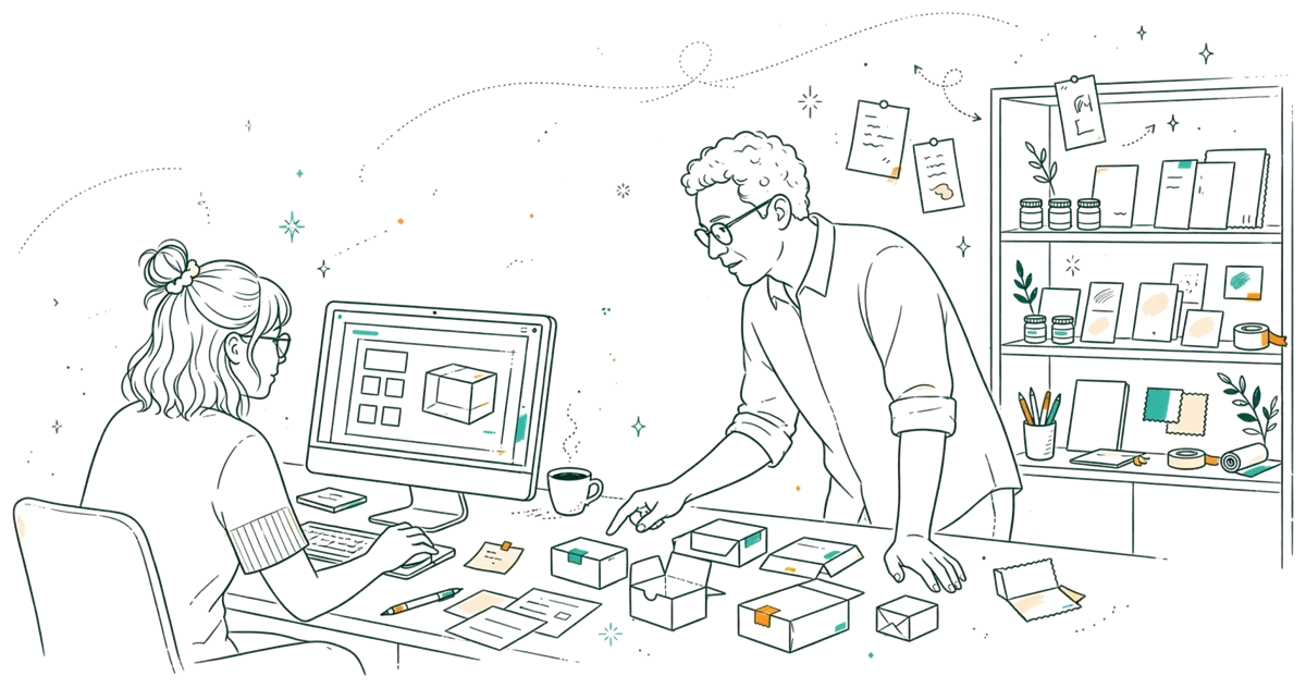 Dessin au trait : apprenti designer en entreprise avec mentor