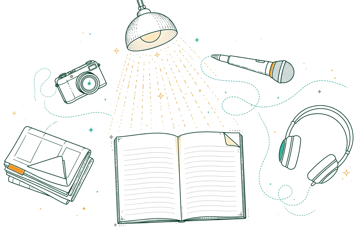 Dessin au trait : bureau de journaliste avec micro et carnet