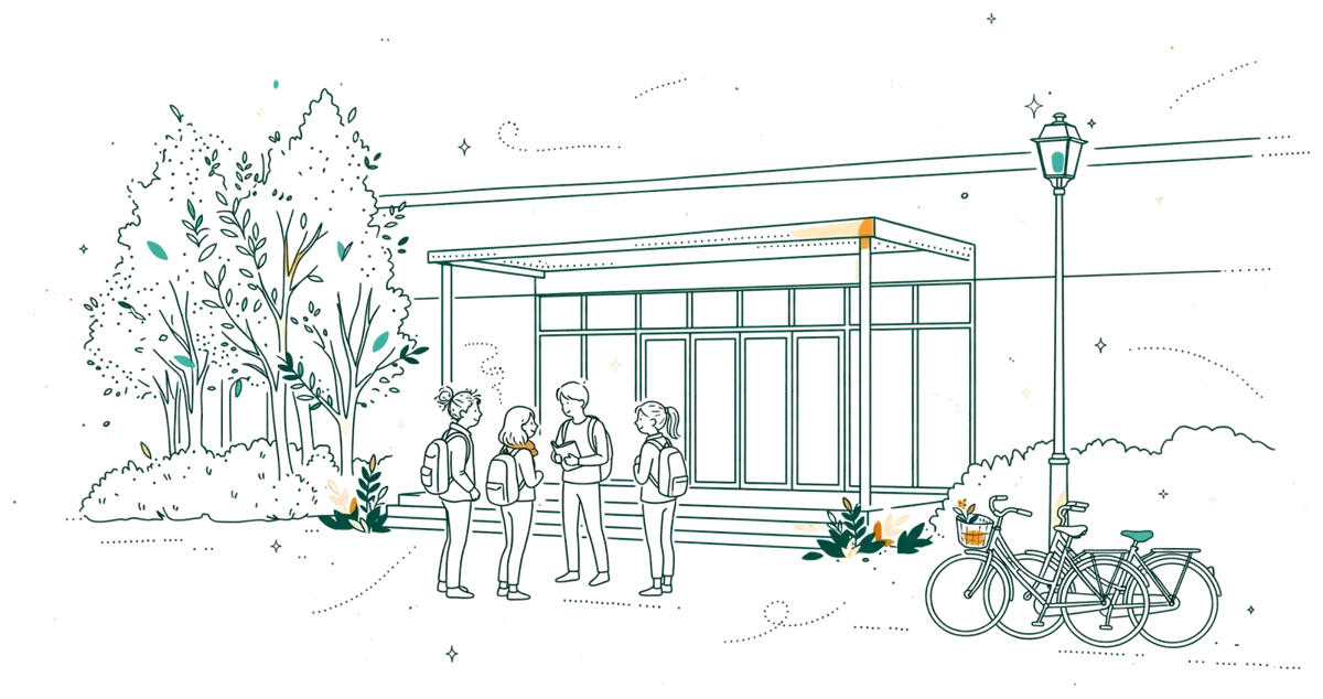 Dessin au trait : entrée du campus avec étudiants devant le bâtiment