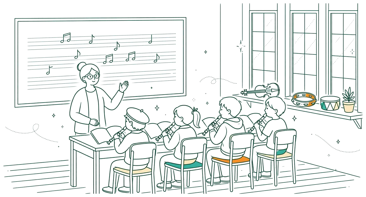 Dessin au trait : cours collectif de musique avec enfants.