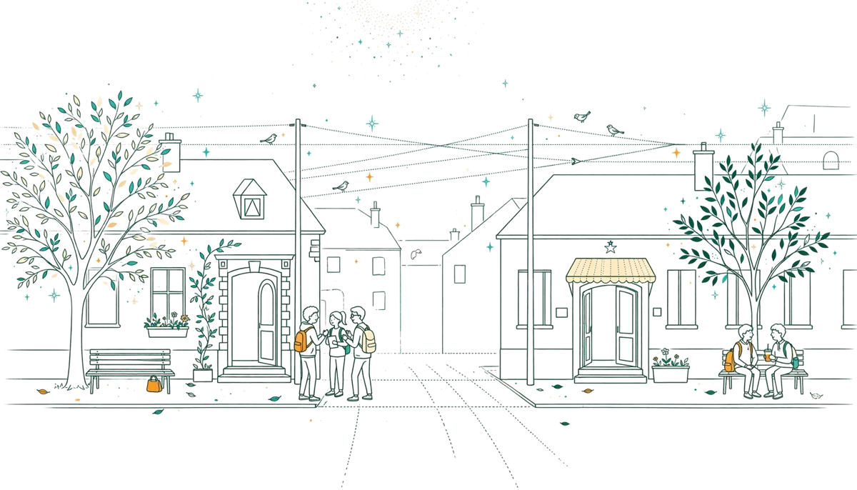 Dessin au trait : rue avec les deux sites de l’école.