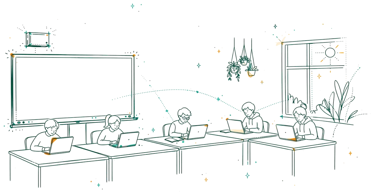Dessin au trait : salle connectée avec grand écran interactif