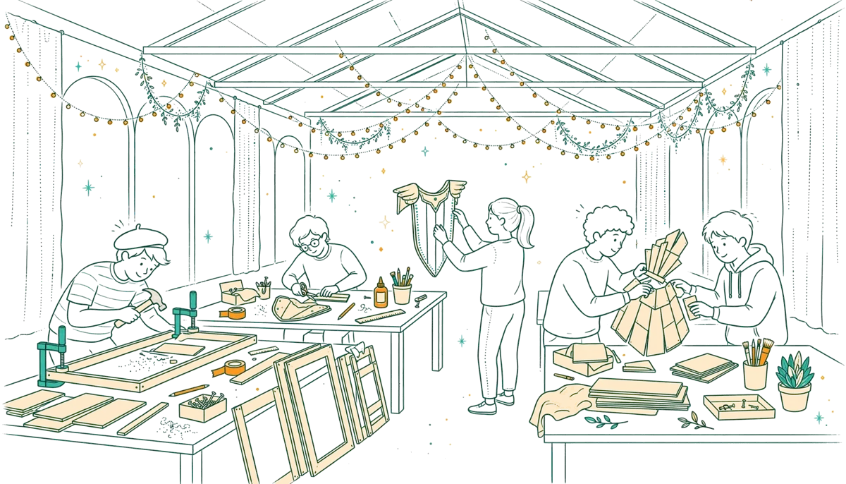 Dessin au trait : étudiants préparant le gala Nuit du Bois