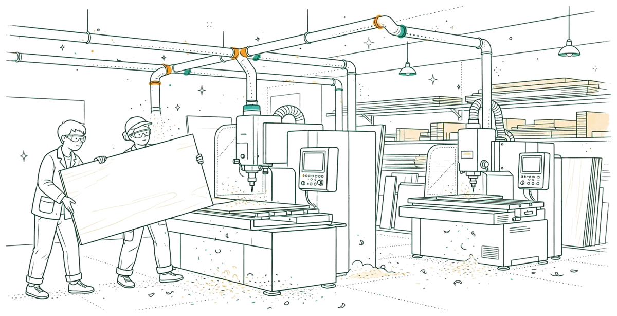 Dessin au trait : étudiants chargeant un panneau sur machine d’atelier