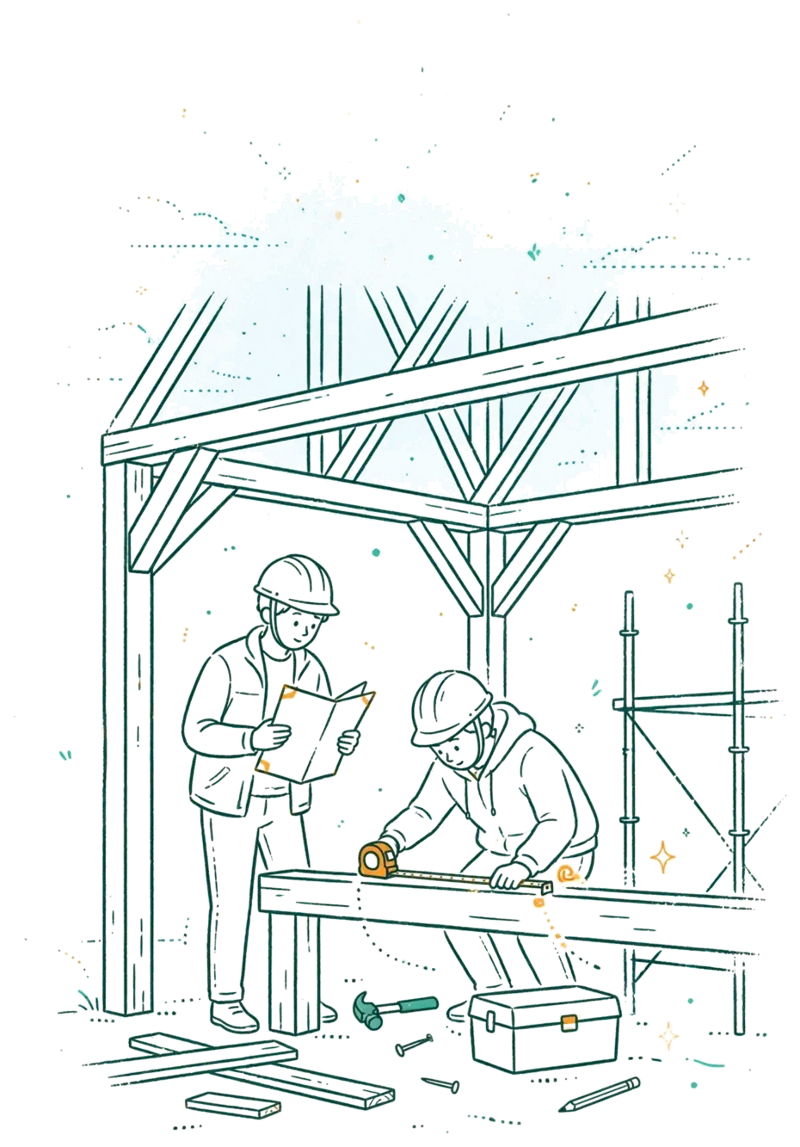 Dessin au trait : étudiants sur un chantier de maison à ossature bois