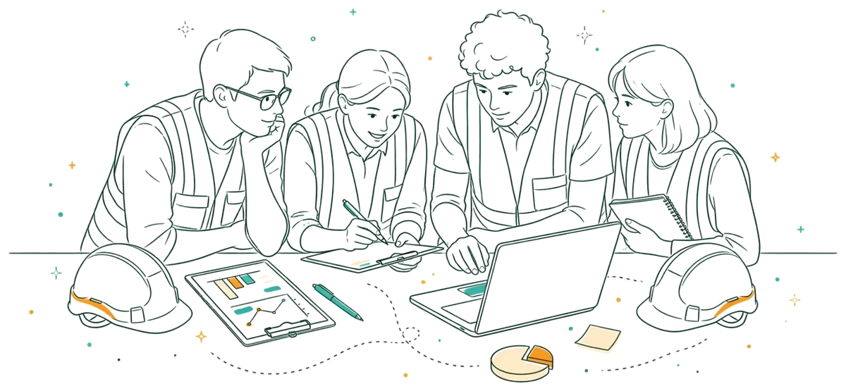 Dessin au trait : jeunes pros qui suivent des indicateurs QSE