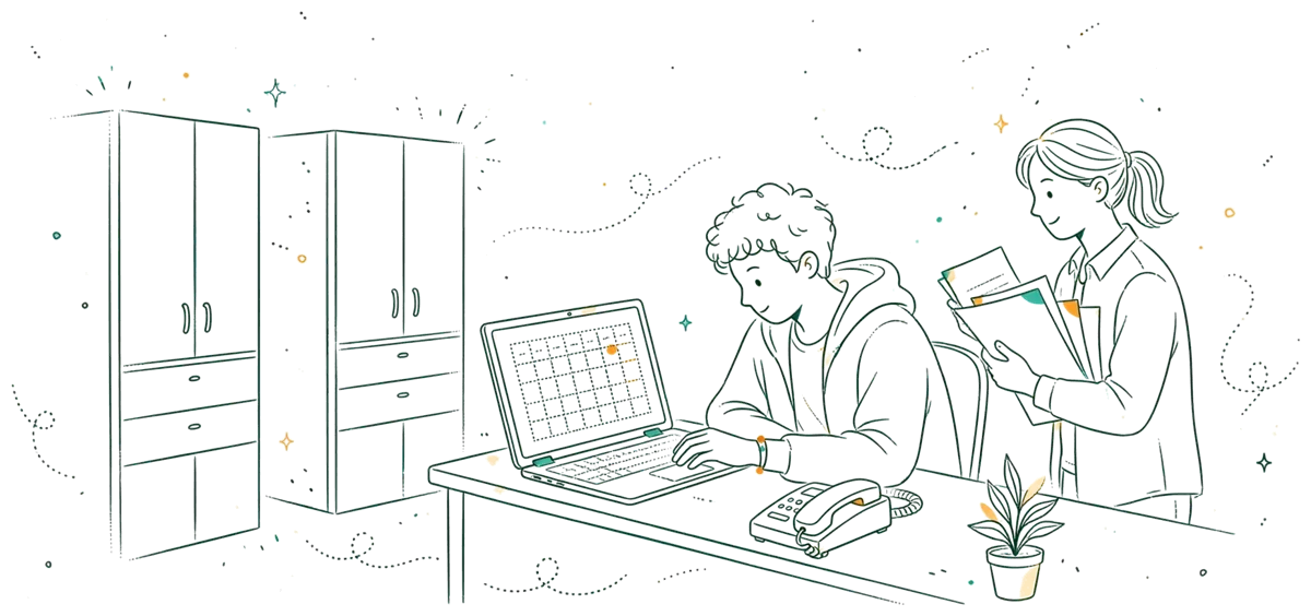 Dessin au trait : apprenti en entreprise avec son tuteur