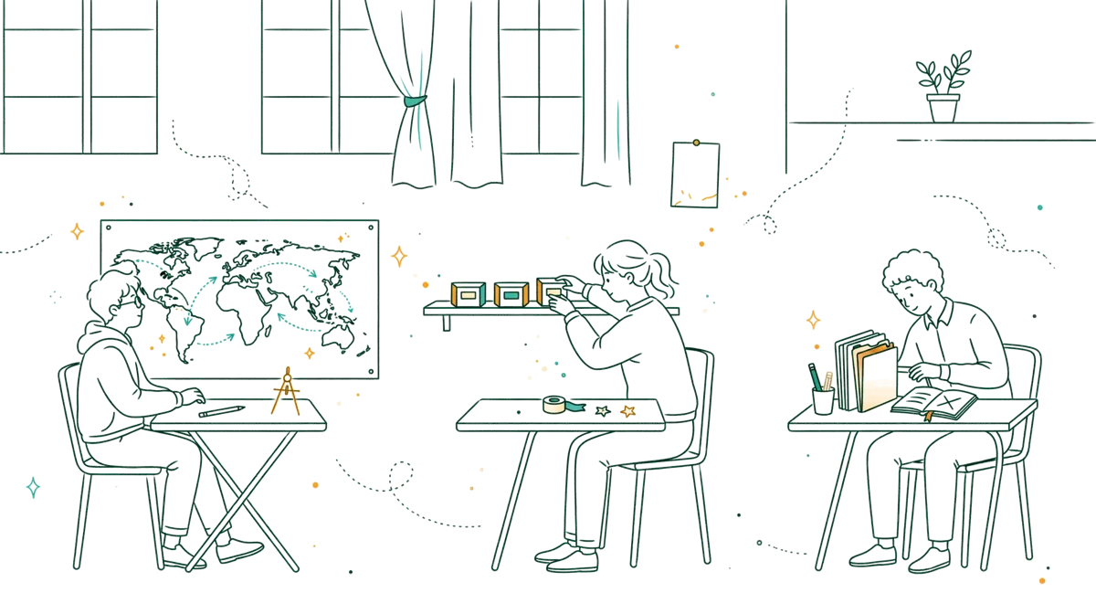 Dessin au trait : trois étudiants sur trois cas pratiques en classe.