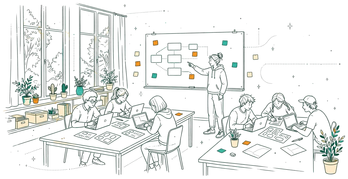 Dessin au trait : étudiants en projet avec un intervenant en salle