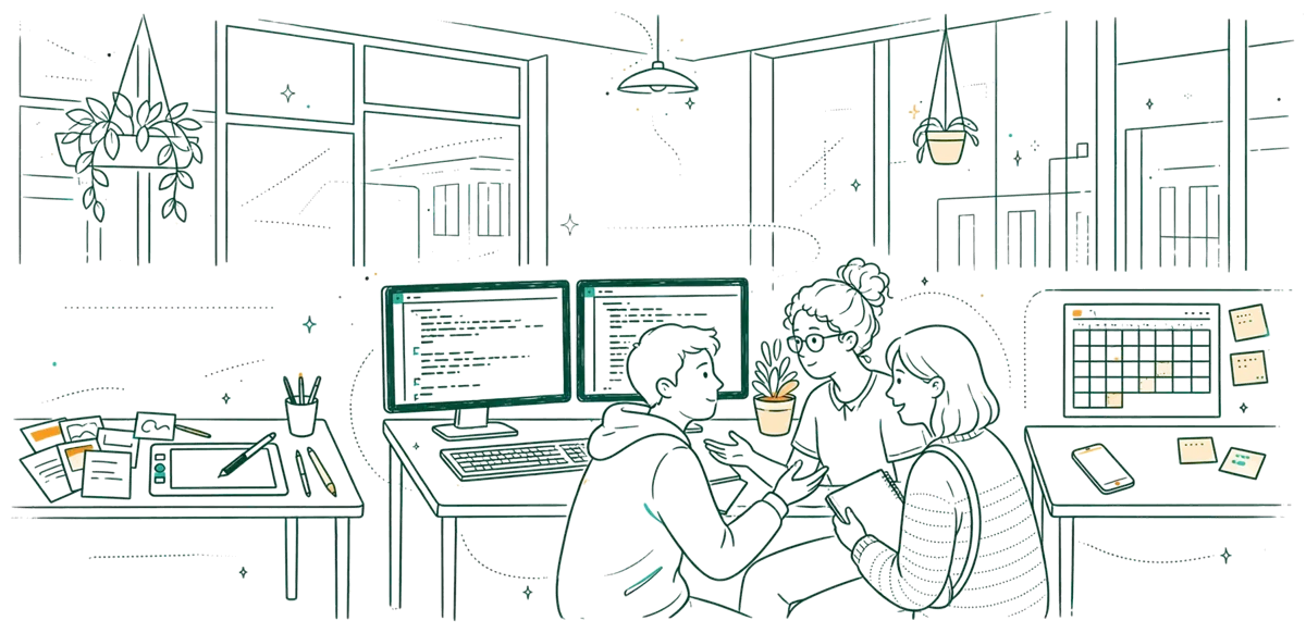 Dessin au trait : trois postes design, code et marketing comparés