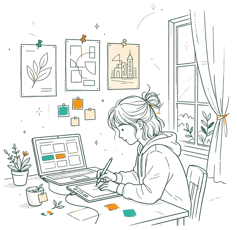 Dessin au trait : étudiant sur tablette graphique en studio