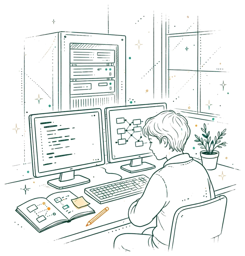 Dessin au trait : étudiant qui code sur deux écrans