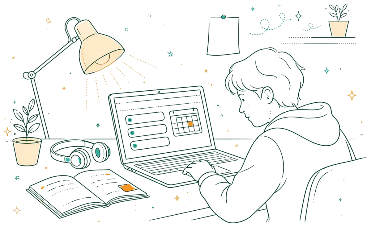 Dessin au trait : étudiant connecté à la plateforme de cours en ligne