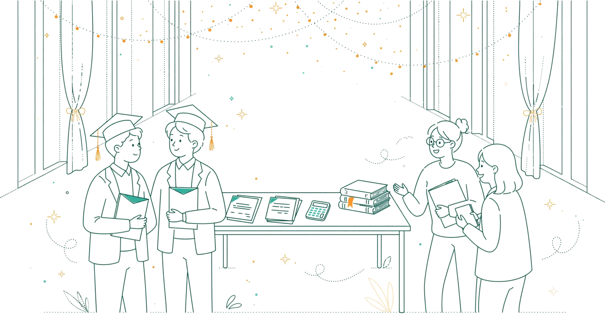 Dessin au trait : remise de dossiers diplômes dans le hall de l’école