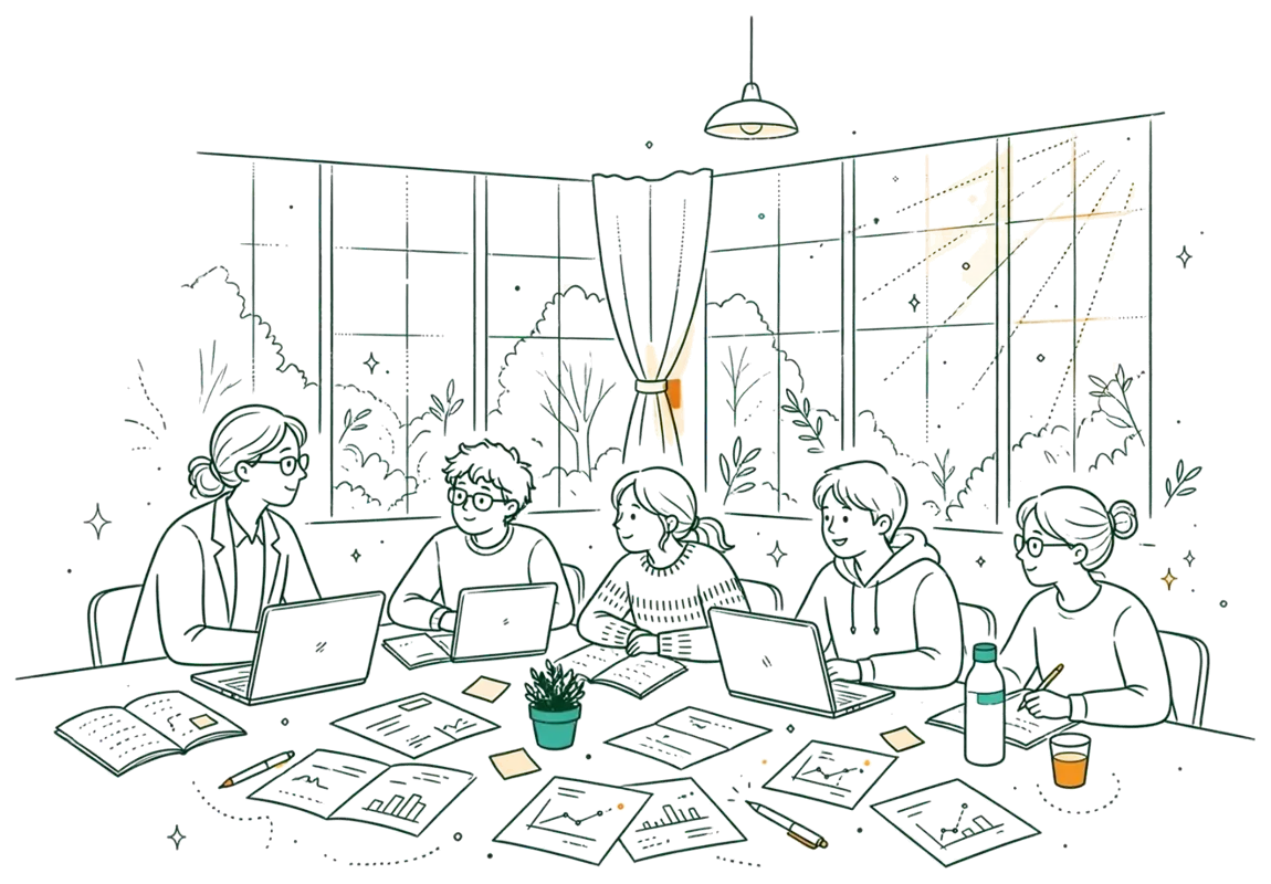 Dessin au trait : enseignant à l’écoute d’étudiants autour d’une table