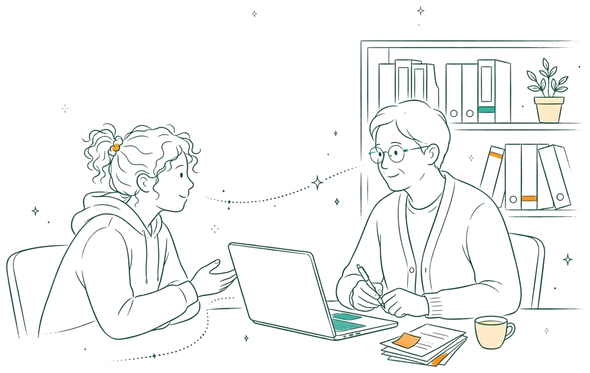 Dessin au trait : apprenti et tuteur autour d’un contrat en bureau