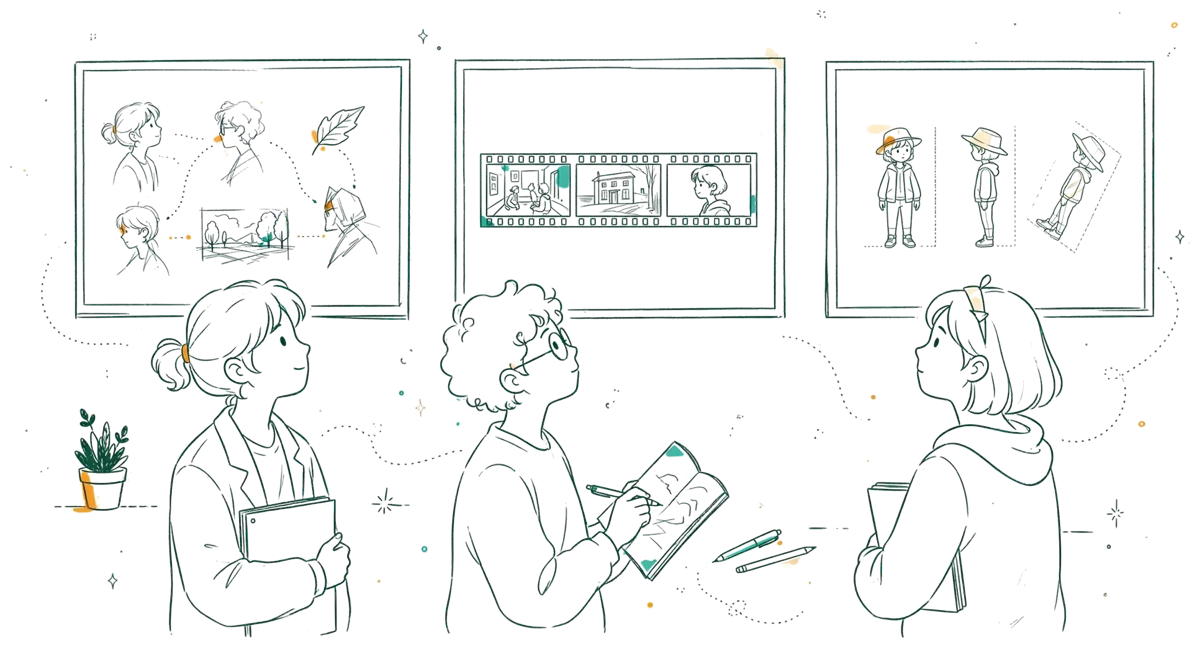 Dessin au trait : parcours affichés avec travaux d'étudiants