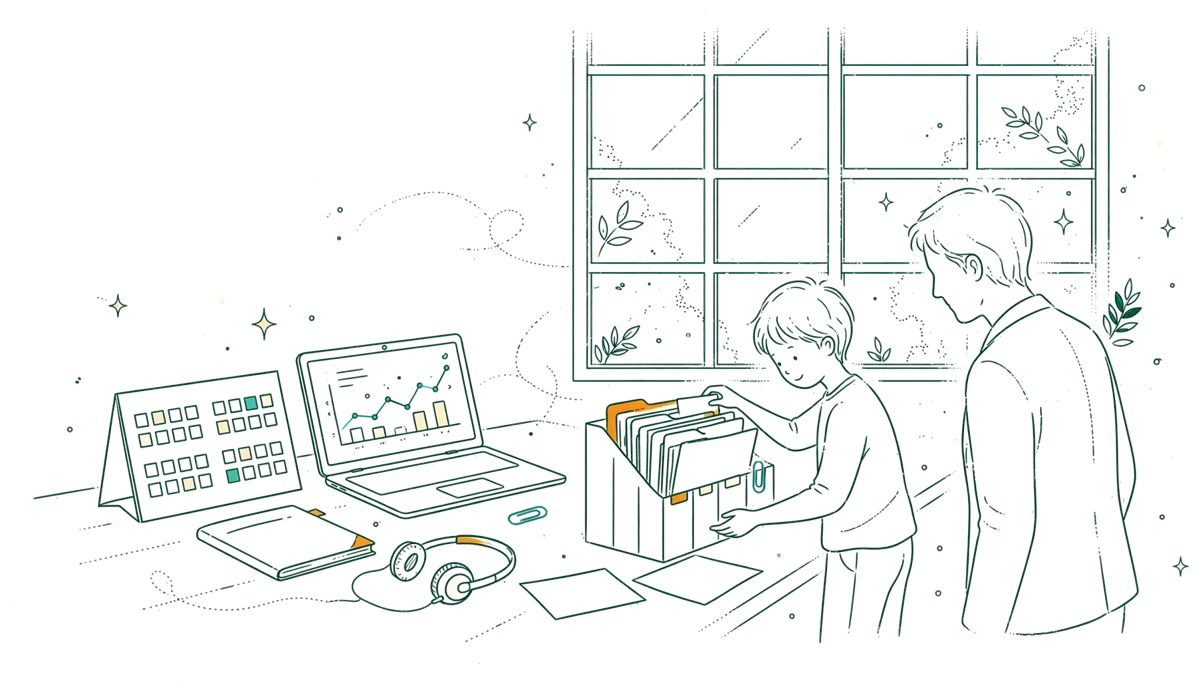 Dessin au trait : bureau d’alternant avec calendrier et ordinateur