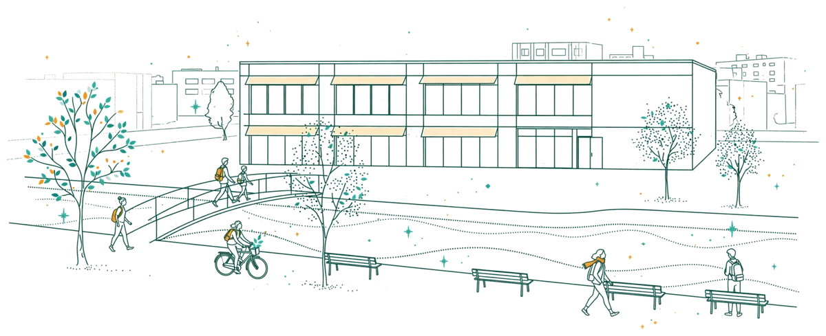 Dessin au trait : campus de l'école au bord du canal Saint-Martin
