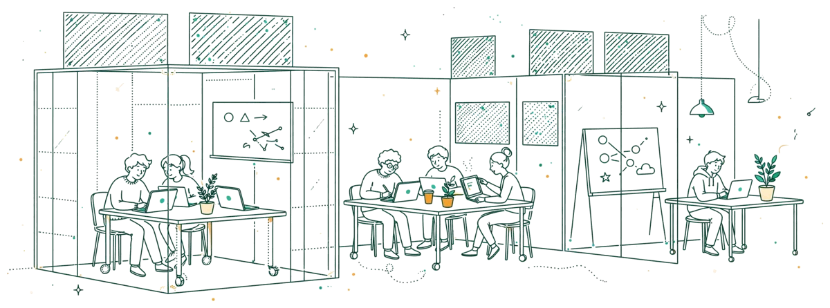 Dessin au trait : salles de cours modulables avec travail en groupe