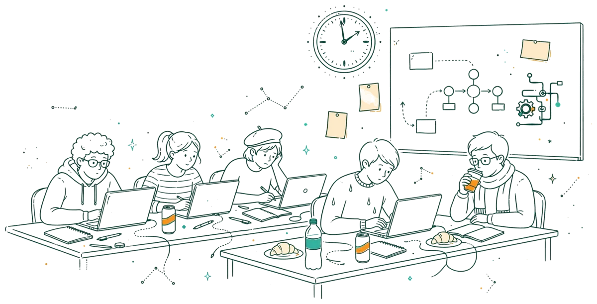 Dessin au trait : hackathon étudiant de nuit avec laptops et croquis