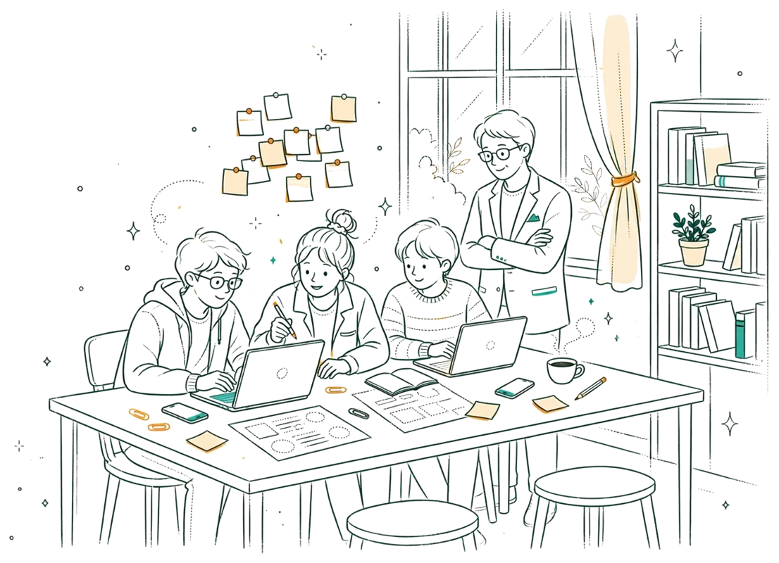 Dessin au trait : workshop étudiant avec laptops et croquis au mur