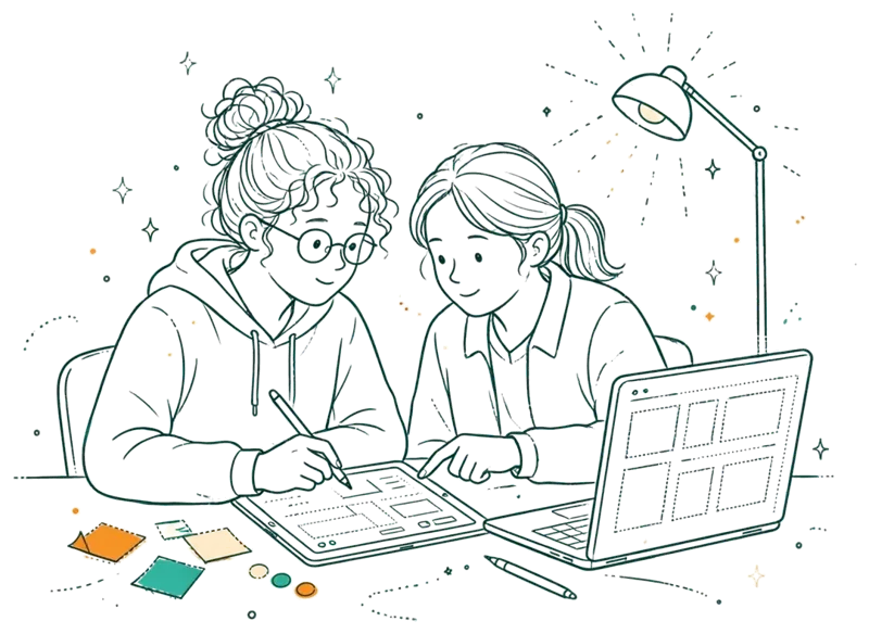 Dessin au trait : étudiants créant une maquette d'interface sur tablette
