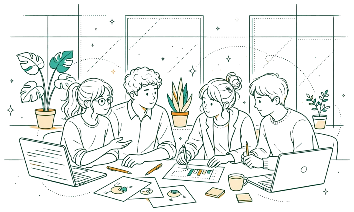 Dessin au trait : jeunes diplômés au travail en entreprise.