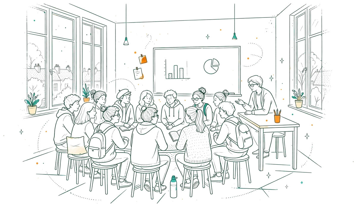Dessin au trait : petite classe en cercle avec enseignant et étudiants.