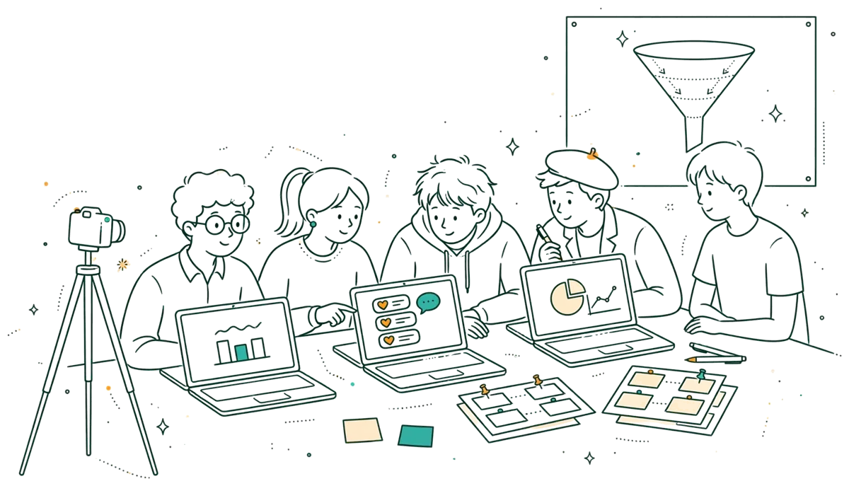 Dessin au trait : atelier marketing digital avec ordinateurs et storyboards