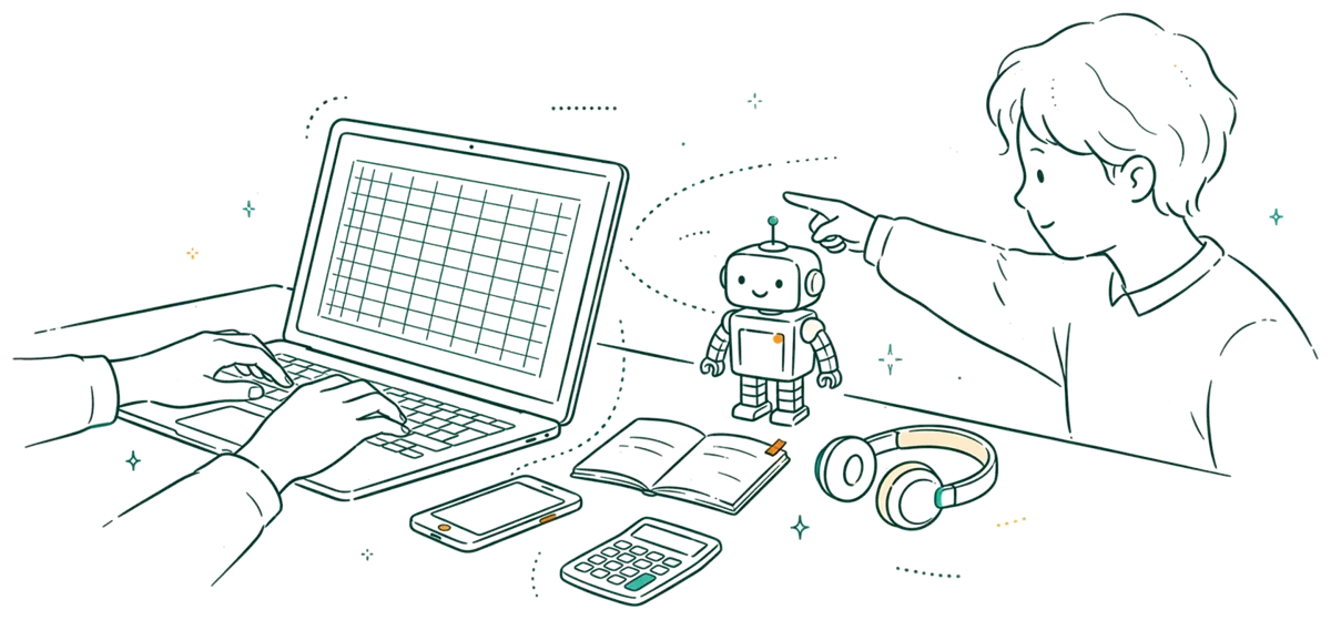 Dessin au trait : bureau avec ordinateur et outils numériques