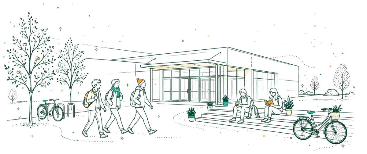 Dessin au trait : entrée du campus et étudiants dans la cour