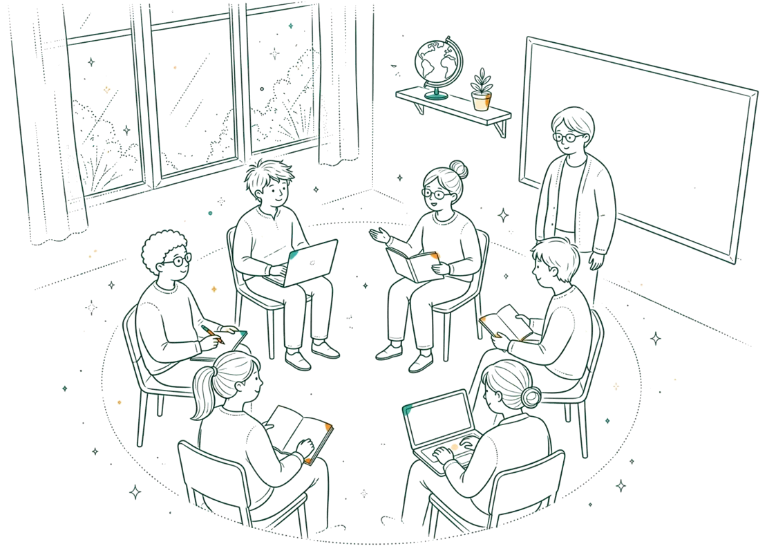 Dessin au trait : étudiants en discussion en cercle dans une classe