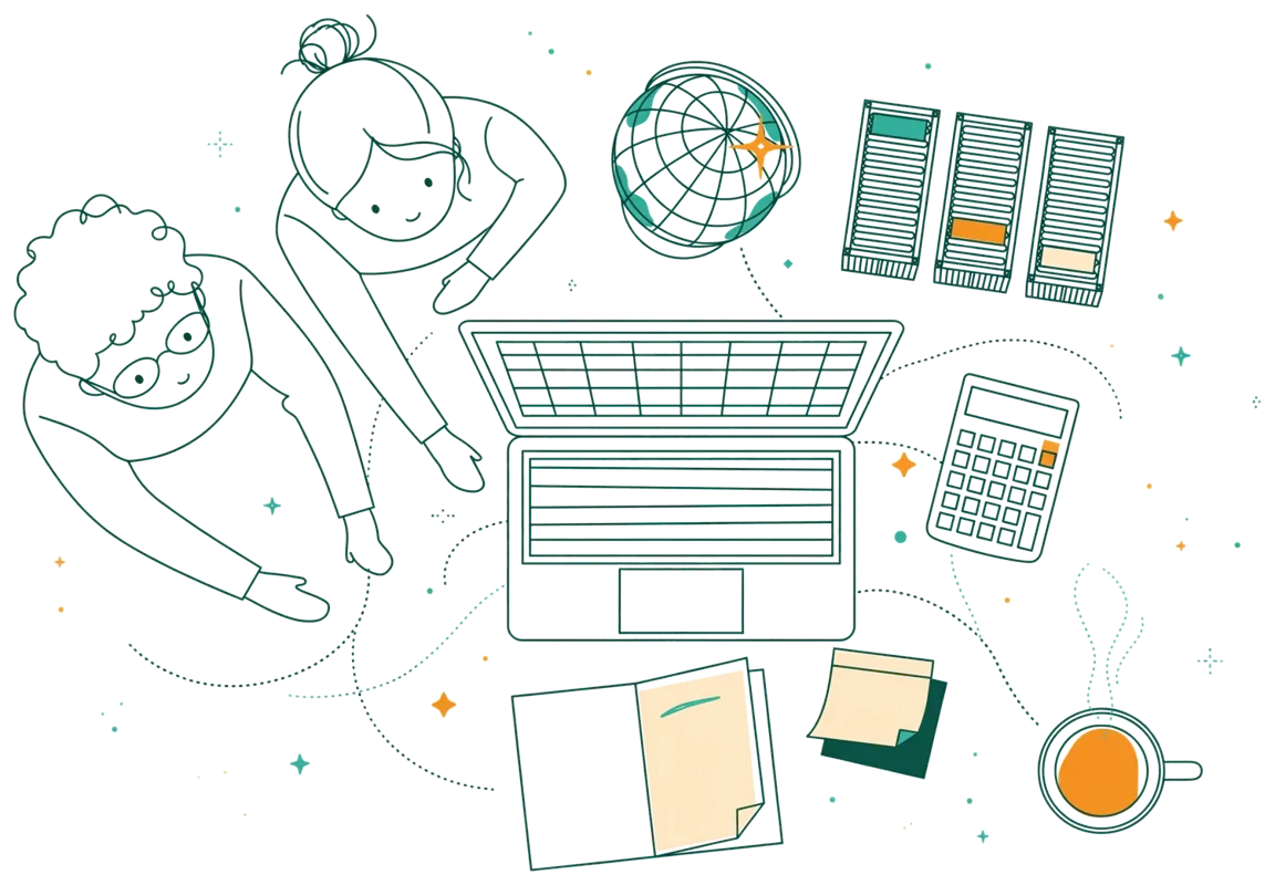 Dessin au trait : bureau commerce international avec globe et conteneurs