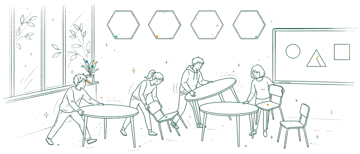 Dessin au trait : salle de cours modulable avec tables mobiles