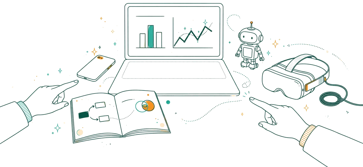 Dessin au trait : ordinateur et casque virtuel pour le module tech
