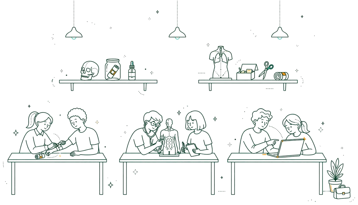 Dessin au trait : salle de cours moderne avec matériel médico-social