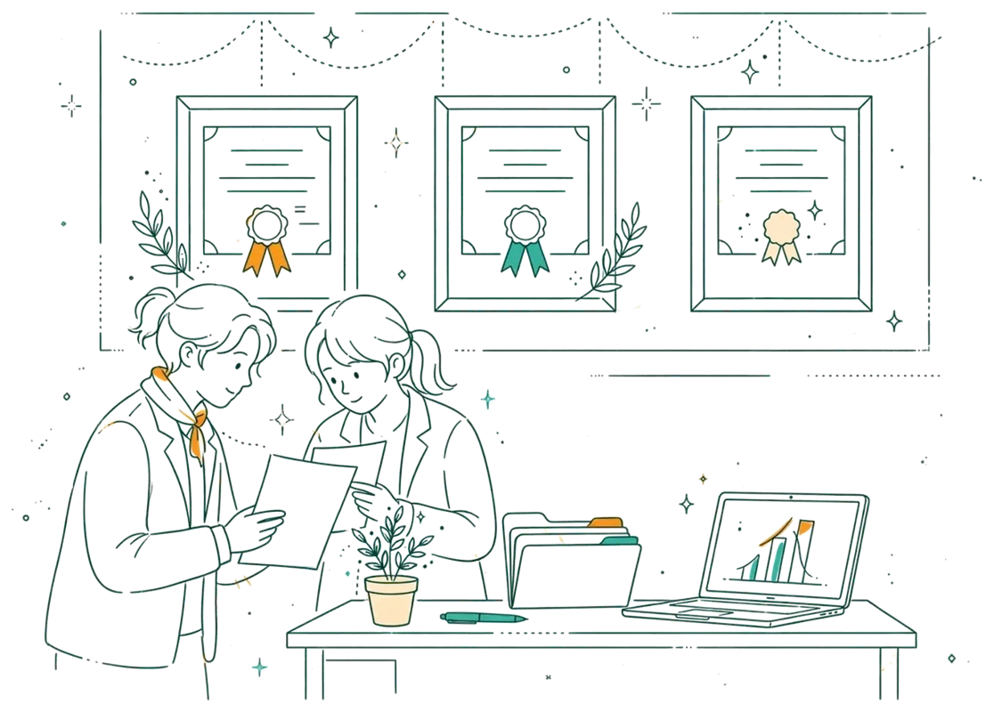 Dessin au trait : diplômes et dossiers dans un bureau