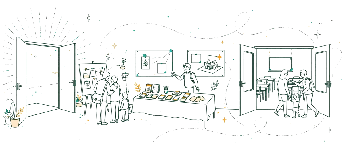 Dessin au trait : visite des locaux aux portes ouvertes