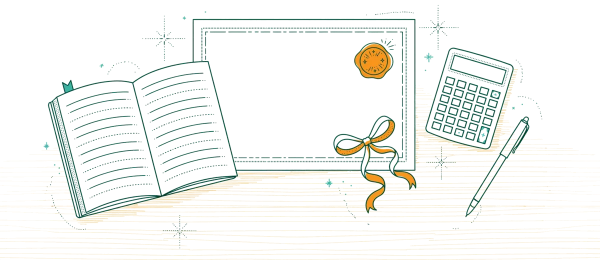 Dessin au trait : un diplôme posé sur un bureau comptable.