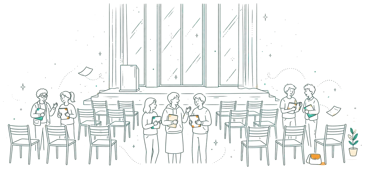 Dessin au trait : anciens élèves échangeant avec des étudiants