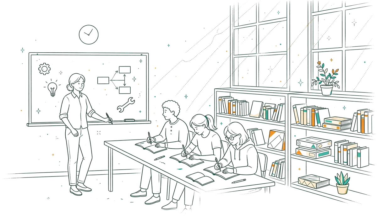 Dessin au trait : formatrice et étudiants en salle de cours