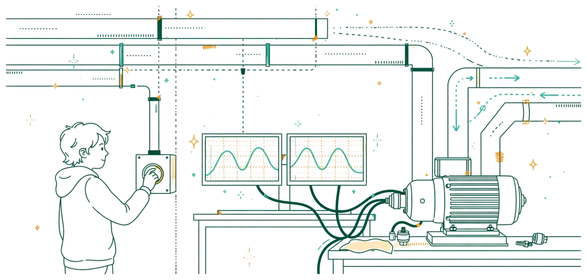 Dessin au trait : banc d’essai moteur avec écrans en atelier
